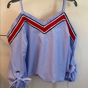 Blue and red cold shoulder top